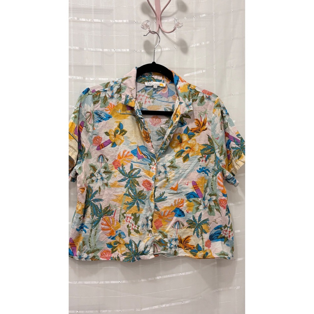 C&C California Tropical Palm Tree Floral Linen Blend Button Down Shirt Large